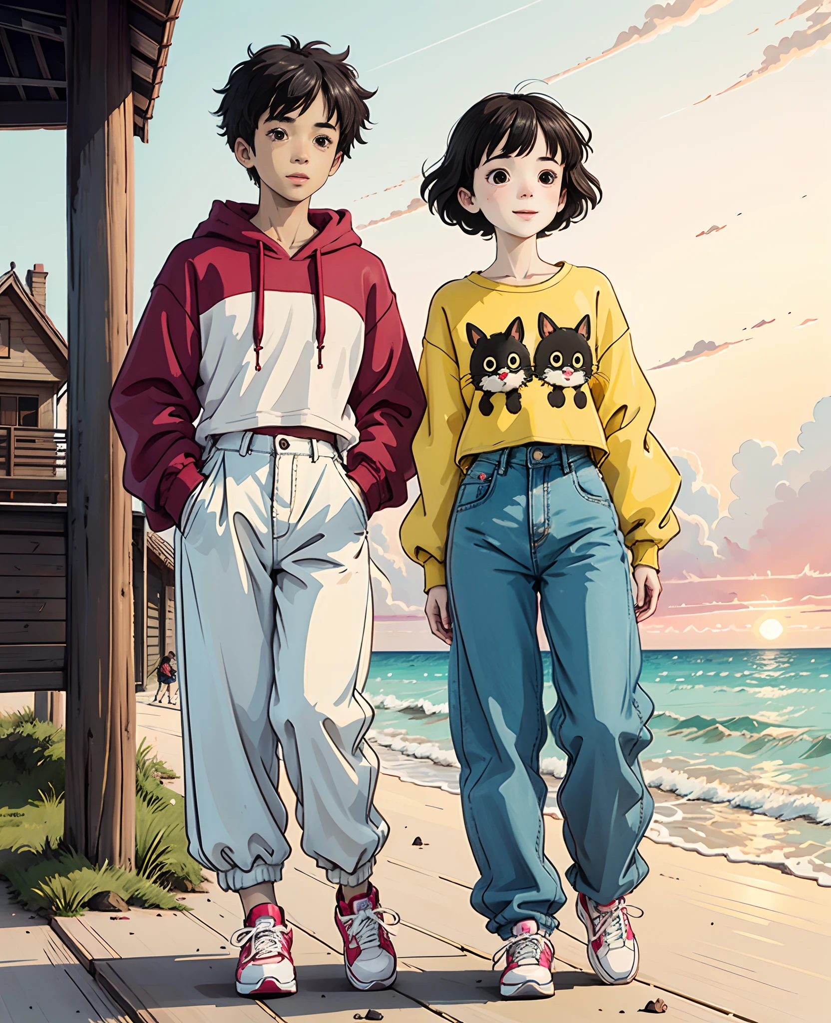 A teenage girl and a teenager on the beach，Take a full-body photo，Happy face。The boy wears a short yellow sweatshirt，Red sneakers，Teenage girl in white sweatshirt，denim pant，White sneakers，Black color hair，Casa，fresh flowers，Hayao Miyazaki and other small animals。A round face，largeeyes，long eyelasher，Happy teenager at sunset，