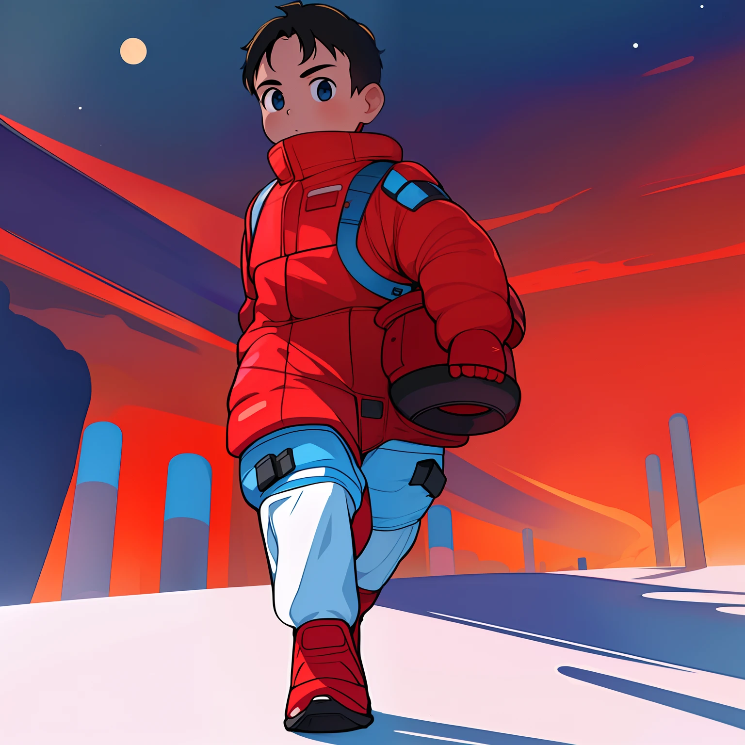 Masterpiece,Best quality, Little boy walking on Mars,Spacesuit,3 moons,space,，Chinese red，Blue Earth，Space Deep Sky，Distant Star Han