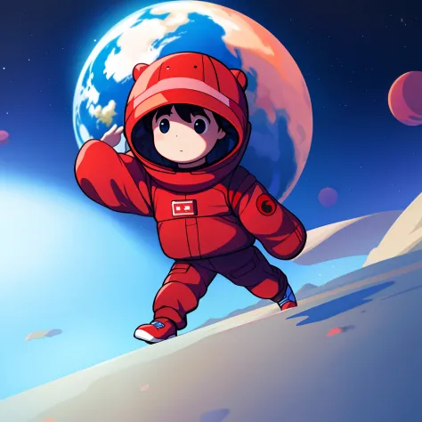 masterpiece,best quality, little boy walking on mars,spacesuit,3 moons,space,，chinese red，blue earth，space deep sky，distant star...