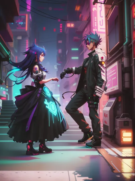 a couple of people standing on a street next to a building, cyberpunk art style, anime cyberpunk art, modern cyberpunk anime, st...