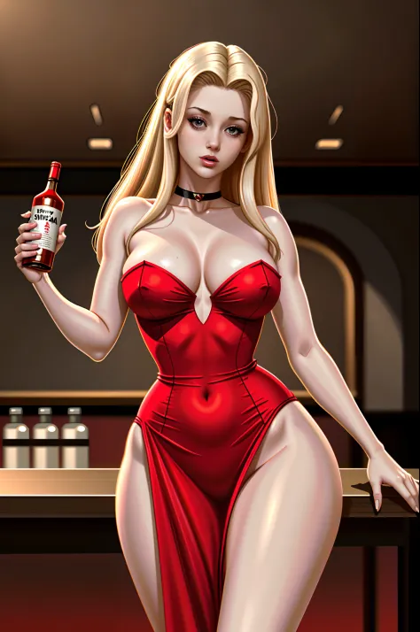 Masterpiece, best quality, 8k, Houdini render, beautiful women, slim figure, 80s style, big boobs, nice body, standing in bar, in red dress, deep cleavage, bottles in background
