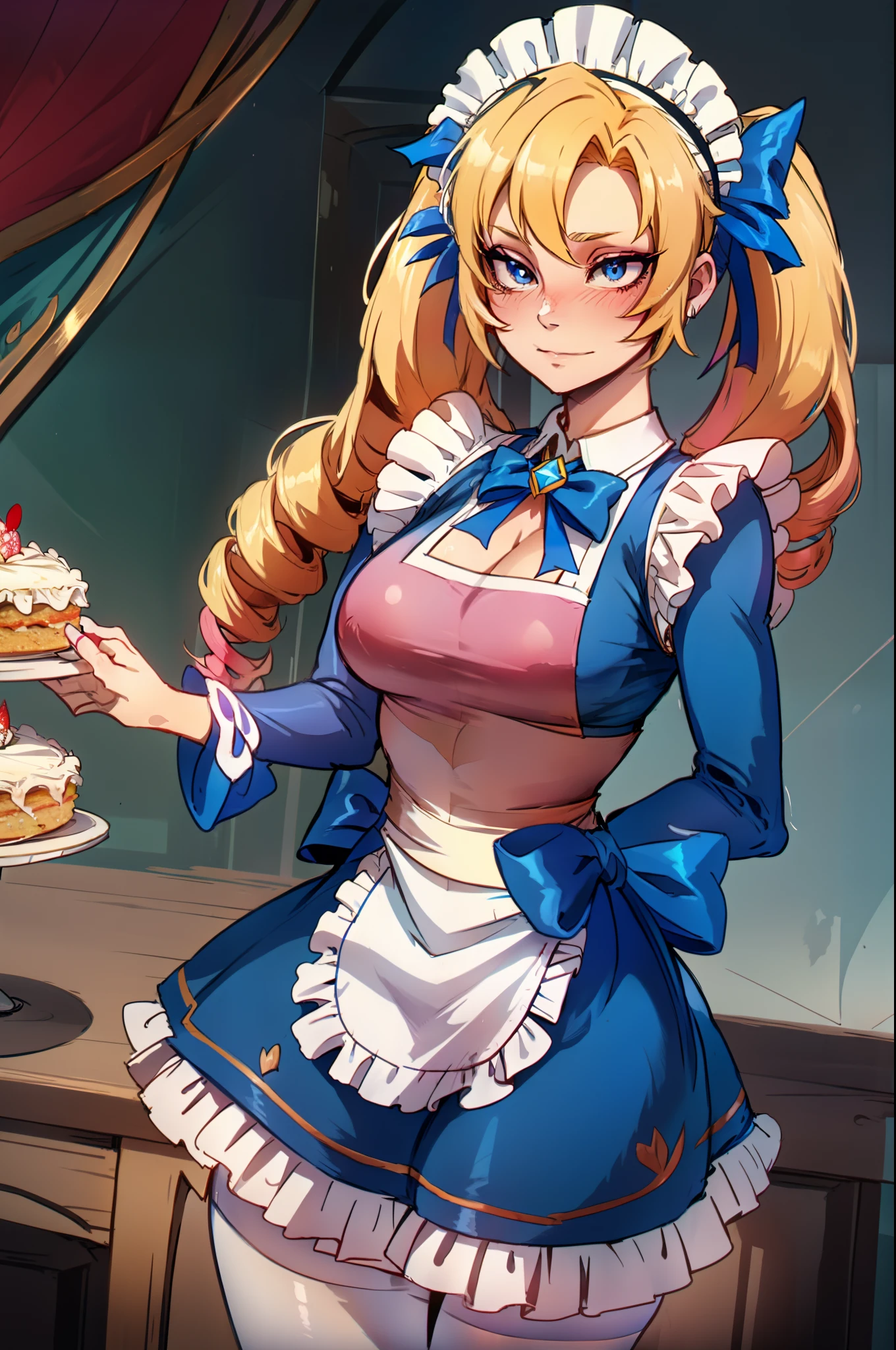 detailed cafe background, masterpiece, best quality, Cafe_Cuties_Gwen,1girl, multicolored hair, blonde hair with pink streaks, bowtie, drill hair, twin drills, bangs, long sleeves, maid headdress, maid apron, frills, ribbon, blue sleeve, light blue apron, cute maid outfit, sexy, master piece, best quality, adult, blue star symbol-shaped_pupils, serving a cake