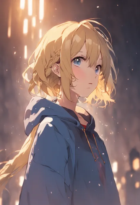 blonde eyes、Girl with a short cut outside splash with braids above the ears、Golden eyes with light brown hair、Blue ribbon、Wearing a hoodie over a Y-shirt、thin ribbon at chest,、Unsupervised、Female protagonist