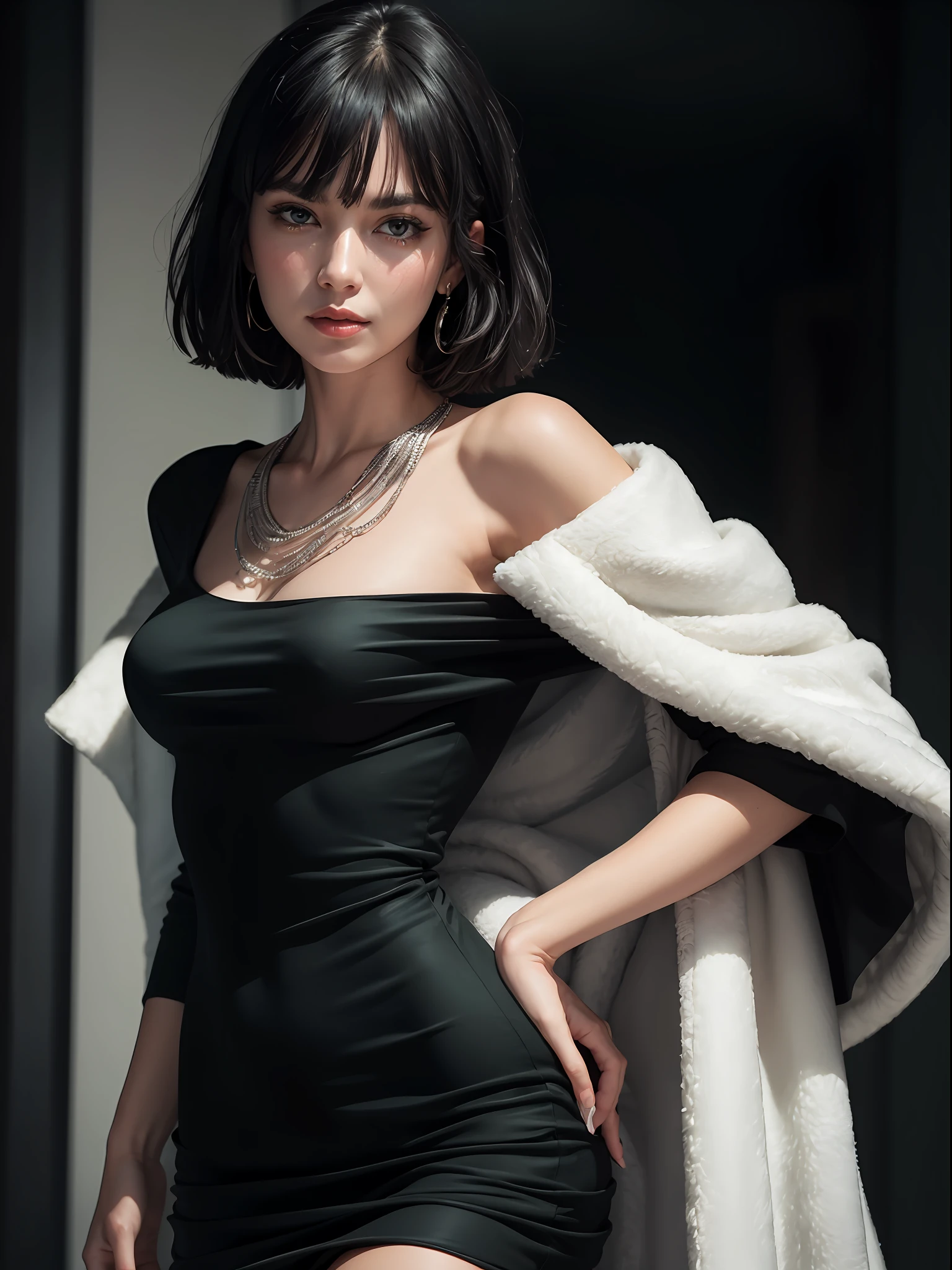 (masterpiece, best quality:1.4), (standing:1.2), (dinamic pose:1.3), 1girl, solo, fubuki, black hair, green eyes, short hair, black dress, (black dress:1.8), dress, (fur coat), high collar, jewelry, necklace, off shoulder, taut clothes, taut dress, looking at viewer, beautifull smile, beautiful face, highly detailed face, highly detailed eyes, highly detailed skin, skin pores, subsurface scattering, realistic pupils, full face blush, full lips, detailed background, depth of field, volumetric lighting, sharp focus, absurdres, realistic proportions, good anatomy, (realistic, hyperrealistic:1.4), 16k hdr,