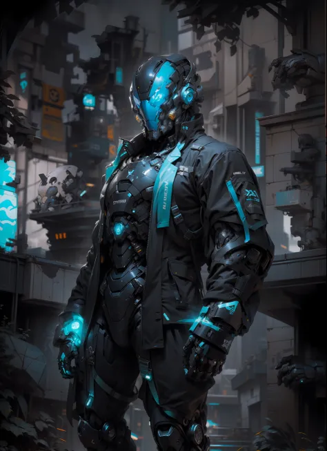 full body plane, ((a futuristic-looking blue chrome cyborg man)) with a fantastic ((square cyberhelmet head with blue lights)), dressed in a (((black and blue techwear))), humanoid robot, ((Iron gray tactical gloves)), mechanical neck, cyberpunk city, UHD,...
