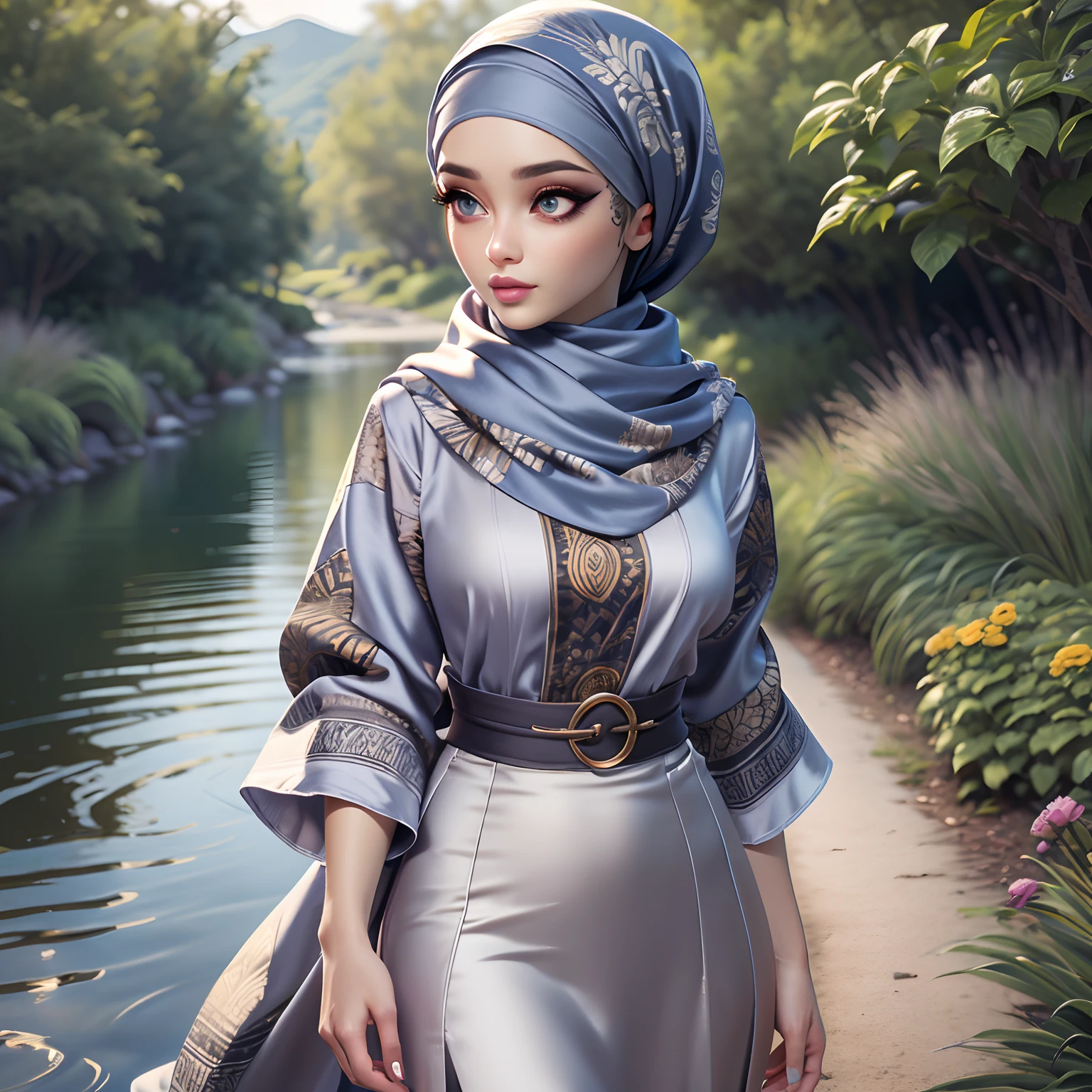 Masterpiece, Best Quality, 3D Rip Artwork, 3DMM Style, Close-up, Portrait, Realism, a woman beautifully makeup, eyeshadow, Parted Lips, Challenge Eye, beautiful big eyes, long eye lashes, wearing ((gray satin headscarf)), loosely tide hijab style, ((nude satin shirt)), ((batik satin long maxi skirt)), strolling on a trail in the spring, garden, river