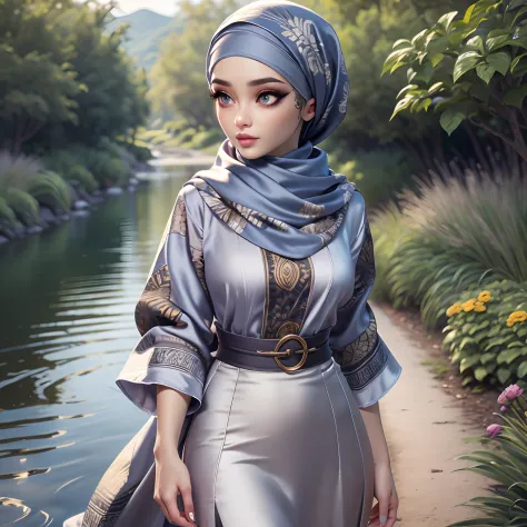 Masterpiece, Best Quality, 3D Rip Artwork, 3DMM Style, Close-up, Portrait, Realism, a woman beautifully makeup, eyeshadow, Parted Lips, Challenge Eye, beautiful big eyes, long eye lashes, wearing ((gray satin headscarf)), loosely tide hijab style, ((nude s...