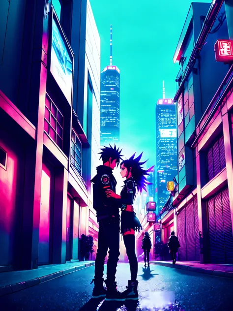 anime couple in a city at night, digital cyberpunk anime art, anime cyberpunk art, digital cyberpunk - anime art, cyberpunk art ...
