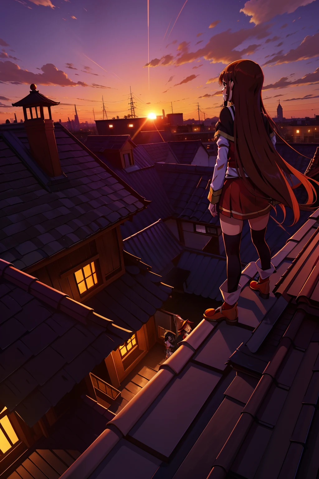 Shana, Megumin, Taïga et Esmeralda ,sur le toit regardant le coucher du soleil