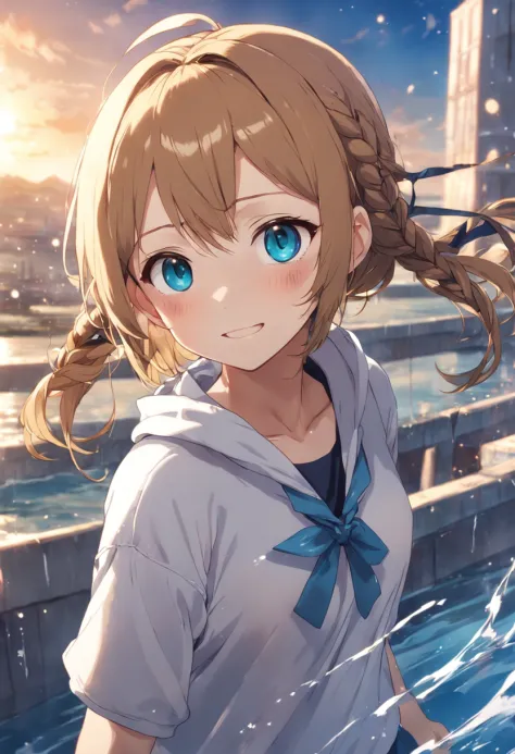 Golden eyes、Girl with light brown hair with braids above her ears and short cuts outside splashes、Blue ribbon、Wearing a white shirt and hoodie、Thin ribbon on shirt、Smiling anime girl、atlibrary、Boken、Fantasia