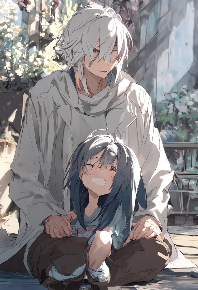 Anime boy and girl sitting on the ground with their hands together - SeaArt  AI