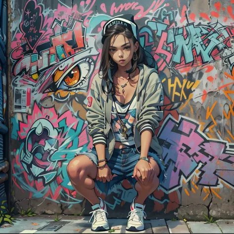 A girl in a back alley、(Super Detalhe)、(8k)、((Moda Hip Hop))、(muro de grafite)、(Esbian de corpo inteiro)、(face hiperdetalhada)、(...