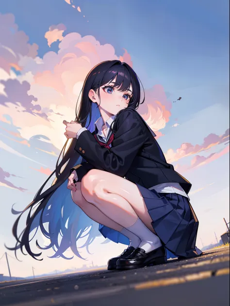 1girl, Giantess, below feet view, below girl view, very low angle, up front view，From the angle below，long navy hair，No short skirt，trousersless，Squatting，cute female student, schoolgirl uniform  ， little ant on road, looking down at an ant, a little black...