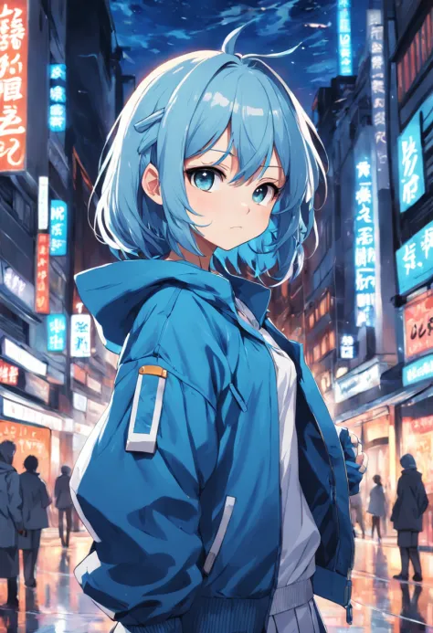 Anime girl in blue jacket with knife in the city, an anime drawing inspired by Inoue Naohisa, pixiv, magical realism, anime style 4 k, young anime girl, Anime visuals of cute girls, Cute anime girl, portrait of cute anime girlbabes, best anime 4k konachan ...