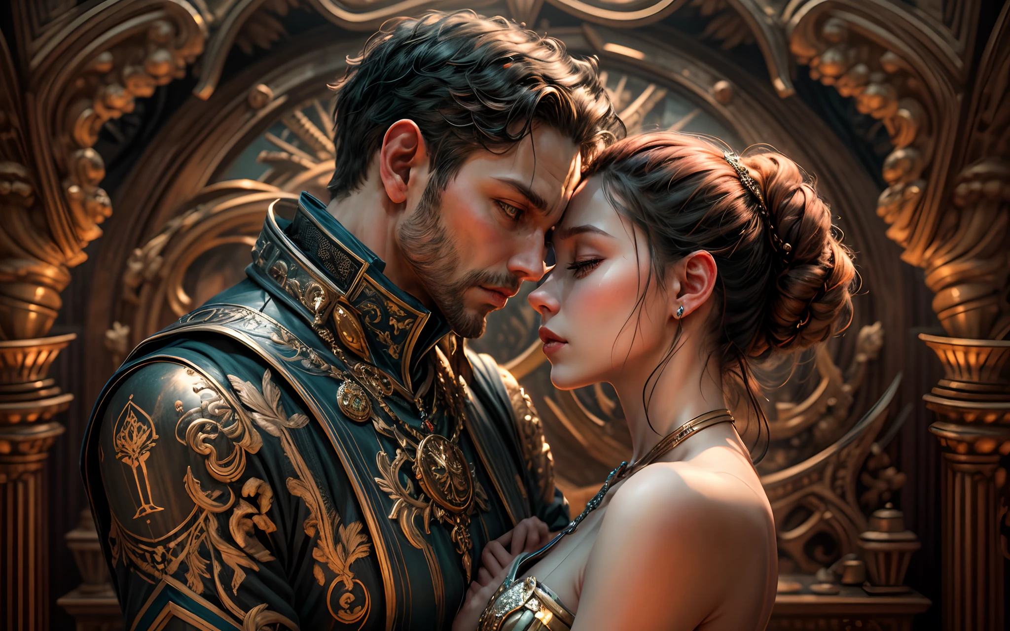Epic Couple Photo, Intimate, hugging each other, centered, baroque ornate opulence, biochemical steampunk android, bronze, gold, diamond, regal, graceful, ultra detailed steampunk royalty interior background, (Ultra detailed, finest detail, intricate), (Epic composition, epic proportion, epic fantasy), cinematic lighting, global illumination, (depth of field:0.4, blur, bloom:0.2), reflection, hard shadow, contrast, vibrant color, RAW photo, photography, octane render, HD, UHD, masterpiece, professional work, award winning.