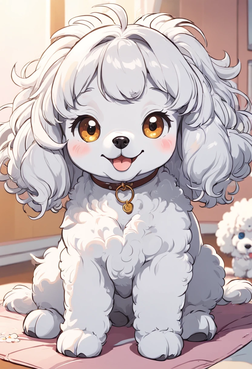 (((Cartoon style: 1))), thick linework:0.6,big eye、Cartoon Poodle、simple line art、simple illustrations、coloring book、Thick line art、2D、One horse、anime-style line drawing、animesque、comic strip、japanese anime style、illustratio、White Poodle, Smiling Poodle、Cute dog, cute animal, curlyhair、poofy, nugget, Cute beautiful, Cute expressive face, with cute doting eyes、Poodle with a teddy bear cut、full bodyesbian、In the center of the screen、flowers in background