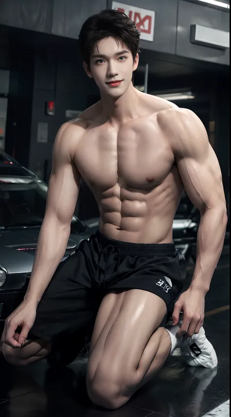 (((Best quality))),(((Ultra detailed))),(((Masterpiece)))，（Cute tall Shota：2），The height of a volleyball player，Titan muscles，Bodybuilding champion，solo person，（full bodyesbian：3），（Stay away from the lens：3），Expose your legs，（revealing the whole body：2），（F...