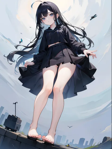1girl, Giantess, below feet view, below girl view, view on ground, very low angle, up front view，From the angle below，(little insect is just a black dot), long navy hair，No short skirt，trousersless，feet on ground, far away