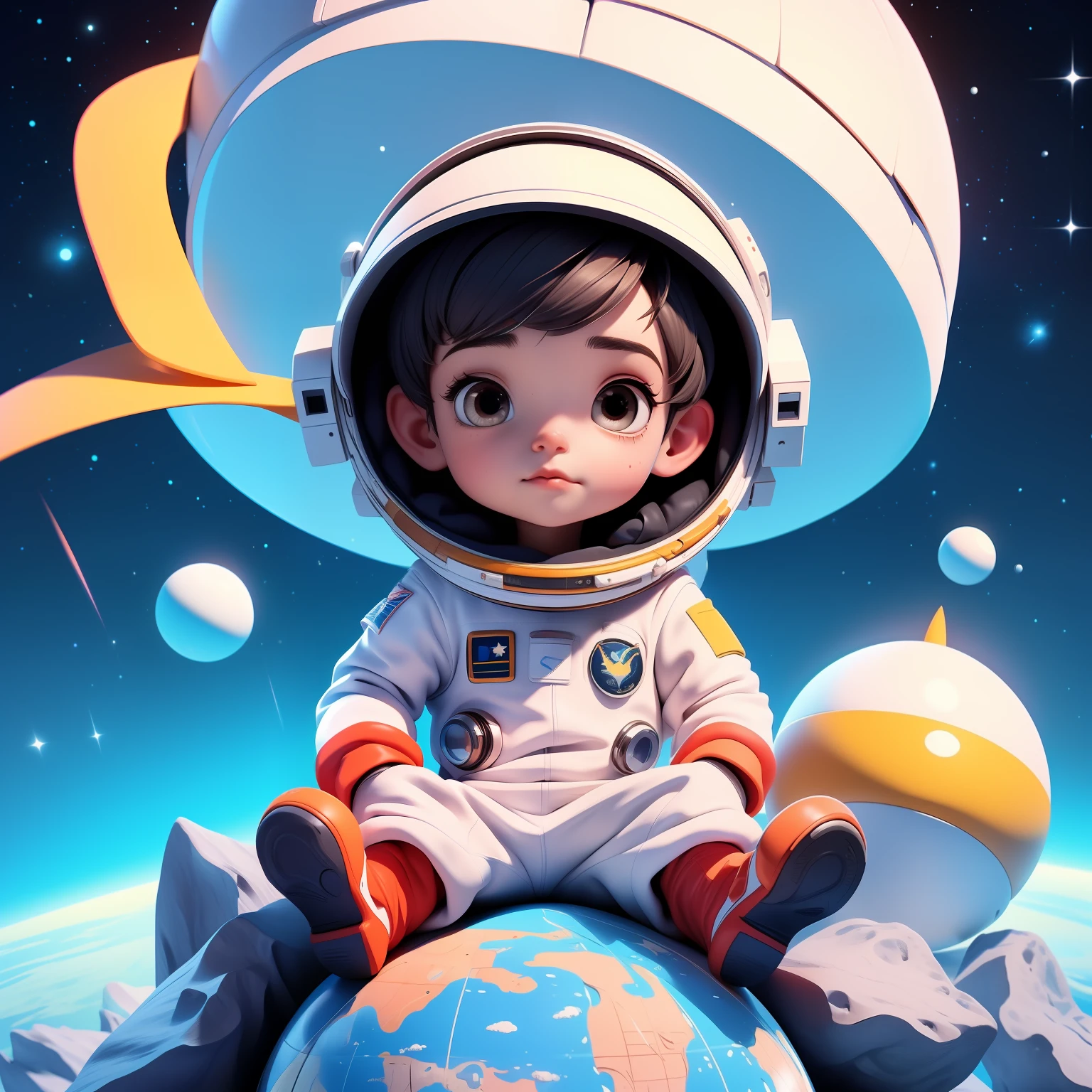 3DCHARACTER, astronaut outfit, (fully body: 1.2), simple background, Masterpiece artwork, best qualityer, (gradient background: 1.1), 1 men, Draw a 6 year old boy with brown skin, and black eyes programmer, Sitting on a research platform floating in the middle of an asteroid belt watching the planet Earth