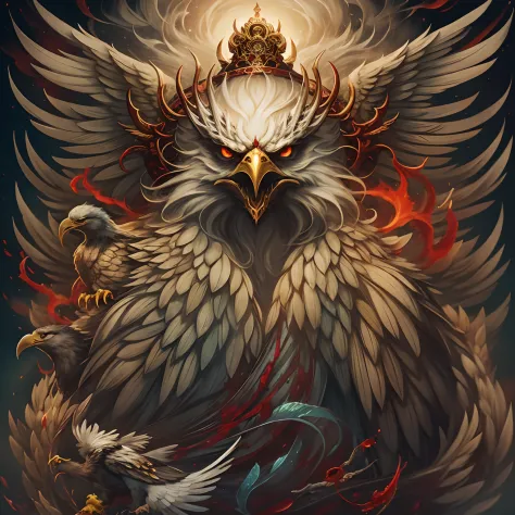 Chinese mythology and stories，Journey，The demon king of the golden-winged eagle，head of an eagle，closeup cleavage，Open your mout...