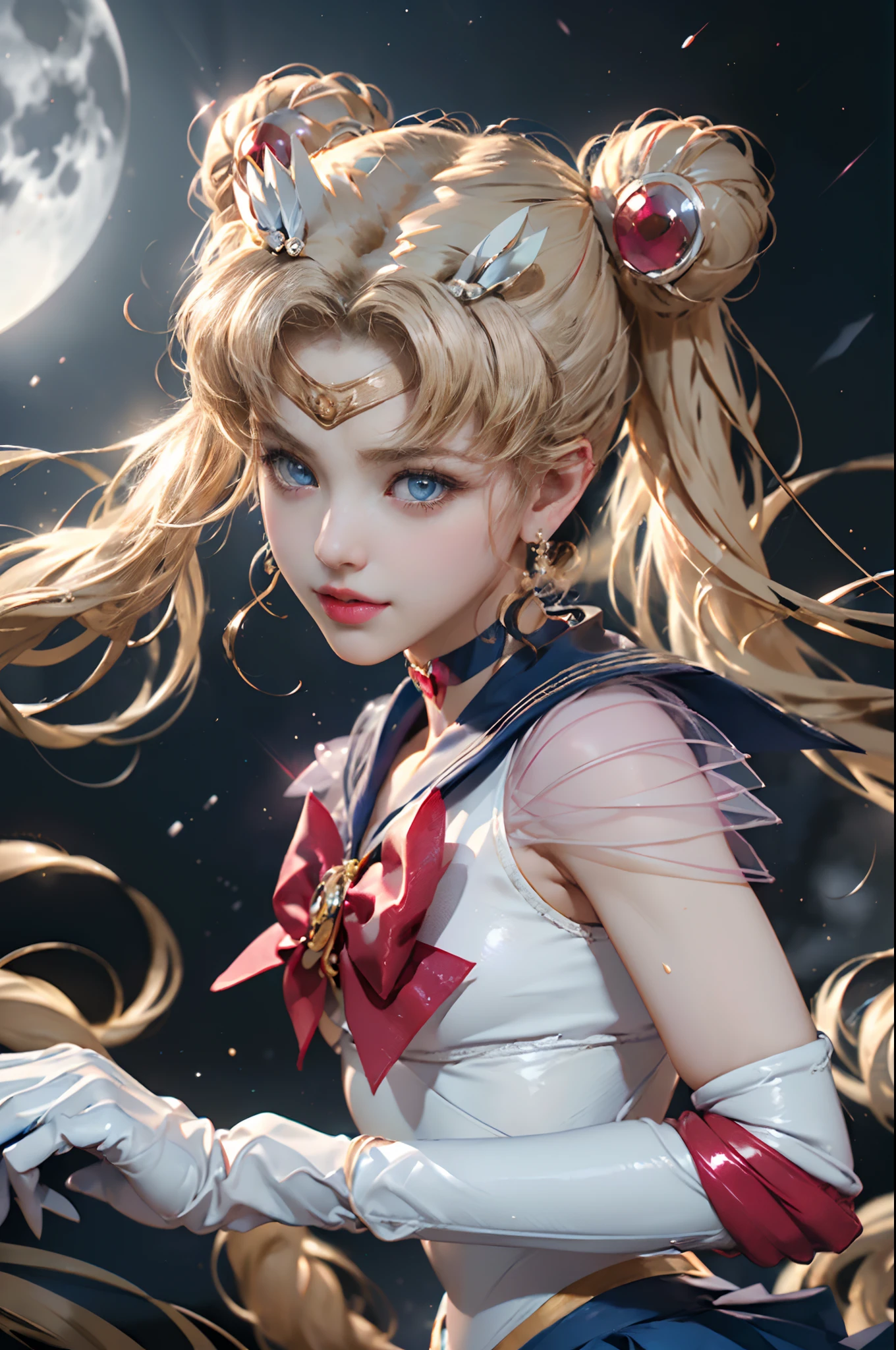 ​masterpiece、ful:1.3、stands、8K、3d、realisitic、Ultra Micro Photography、top-quality、Wallpapers with extreme details CG Unity 8K、frombelow、intricate detailes、(1 female)、28 year old、(Sailor Moon:1.6 Super Bishoujo Senshi Sailor Moon Mer1、meishaonv,tierra、Sailor Senshi Uniform Sailor:1.5、sailormoon:1.5,Eternal Sailor Moon)、(Incredibly long bright twin-tailed blonde:1.4、Thin and very long straight twin tail blonde, Hair buns、Red round hair ornament in a hair bun)、((Sailor Senshi Uniform:1.4、Blue collar,Blue sailor color,Blue Pregate Ultra Mini Skirt:1.5、very large red bow on the chest,,Long white latex gloves,Red gloves on the elbows、Bare upper arms,Luxurious golden tiara on forehead、耳Nipple Ring,Luxurious Golden Jewelry、high leg swimsuit))、Very thin and fit high gloss white holographic leather、High Gloss White Latex High Leg Swimsuit That Shines Like Oil,(Details of face:1.5、blue eyes、Beautiful expression、beautidful eyes、Outline of the iris, Eyes with highlights、thin lipss:1.5、thin and sharp pale eyebrows,、long eyeslashes、Double eyelashes、Thin, thin and muscular,,,、a small face、tall and large chest、perfectly proportions、big breasts thin waist、SEXY Model Pose、Dynamic Poses,Visible Pore、seducting smile、perfect hand:1.5、octan render、highly dramatic picture、(Lunar divinity,cosmic background、rays of moonlight、a moon、Dynamic backgrounds、exquisite lighting and shadow、dynamic ungle、Detailed background),Strong natural light、sunlights、Digital SLR、sharp focus: 1.0、Maximum clarity and sharpnesecha musume,(honestly, double bun, twintails, parted bangs, circlet, jewelry, earrings, choker, red bow, white gloves, elbow gloves, blue skirt,(honestly, double bun, twintails, parted bangs, hair ornament, circlet, jewelry, earrings, choker, see-through, red bow, white gloves, elbow gloves, multicolored skirt)
)