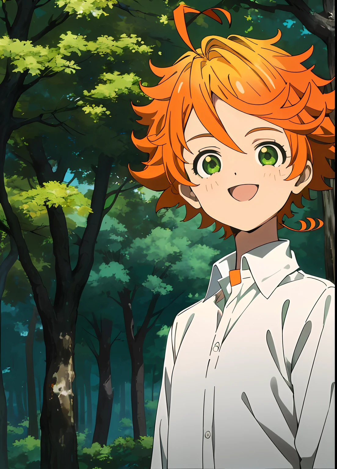 promisedNeverland masterpiece, best quality, 1girl, shirt, green eyes, solo, forest, white shirt, number tattoo, nature, short hair, looking at viewer, orange hair, tree, smile, ahoge, upper body, open mouth, outdoors, collared shirt