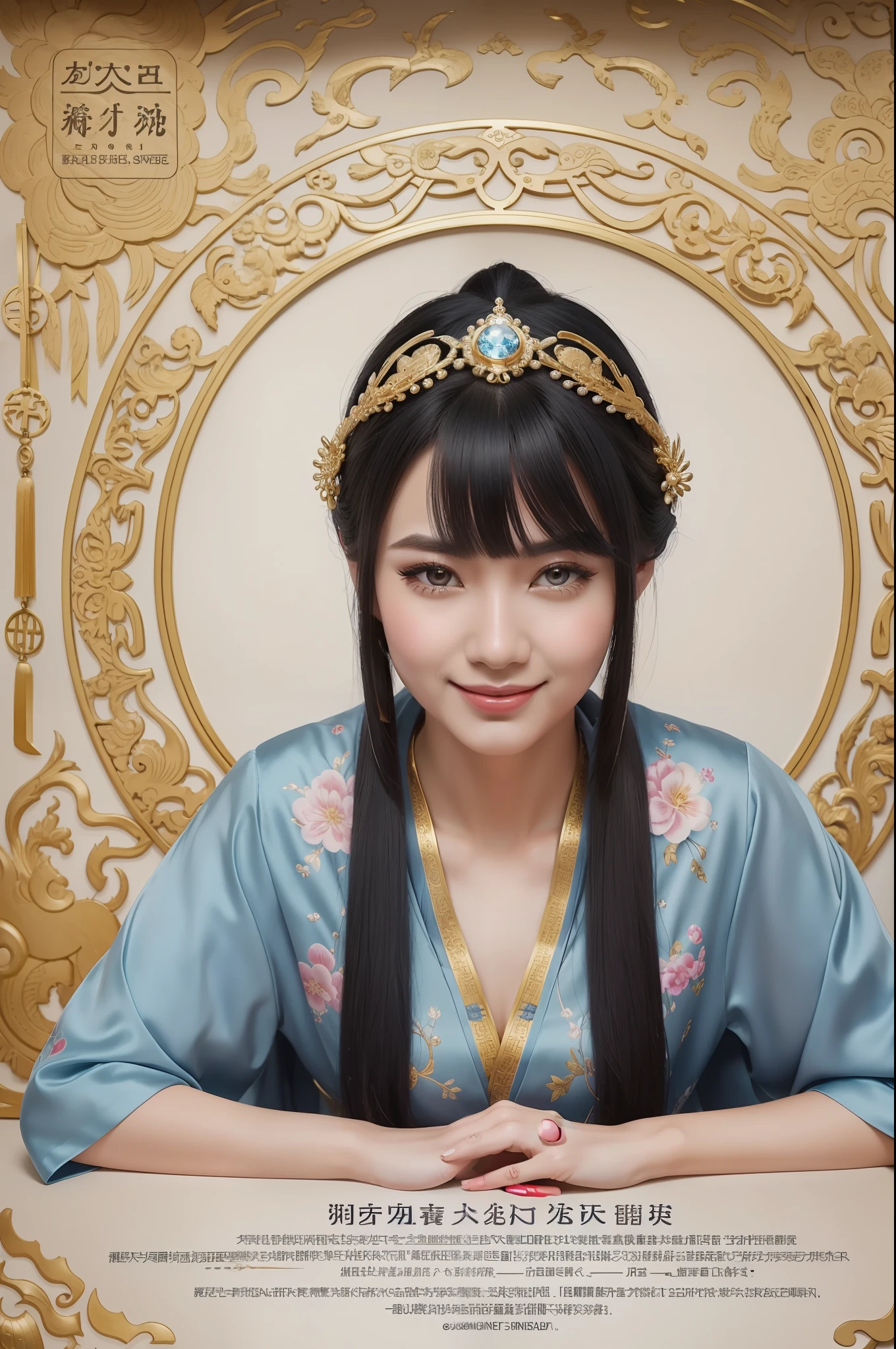 Adult woman, navy blue hair, The ends of gray hair, hairlong, beautiful hairstyle, hair ornament, white eyes, Chinese Clothing, Ornaments, Rings, Heels, Ancient Chinese themes, looking a viewer, Happy smile, overhead view, Lies on the money, gold coins, A mountain of money, Fantasy art, Beautiful painting of characters, Works of art in the style of Guvaika, epic exquisite character art, stunning character art, Beautiful rich Woman, perspective, really happy, closed eye, overhead view(reference sheet:1.5)