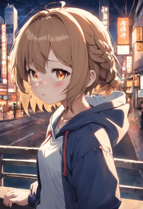 masutepiece, Best Quality,Illustration, Wallpaper, Ultra Detail, absurderes,Wearing a hoodie over a shirt,Light brown hair,1loli, Solo, (Medium short hair、short braided hair), Beautiful detailed yellow eyes , (Clear department), atlibrary,(a panoramic view...
