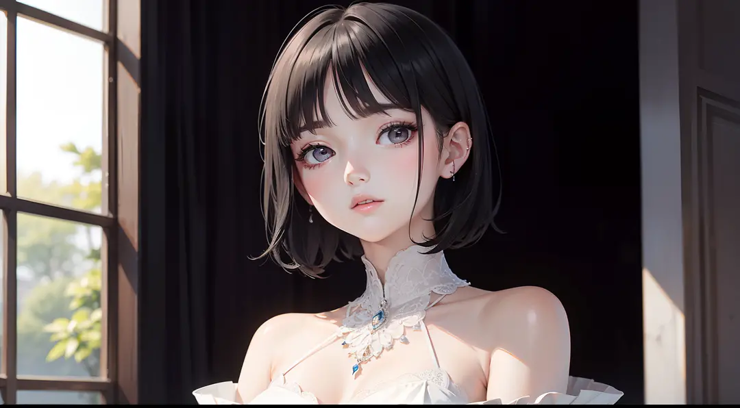 tmasterpiece，best qualtiy，1 girlirl，Short flowing black hair，Short white dress，The skin is white and delicate，Delicate and beautiful face，Elaborate Eyes
