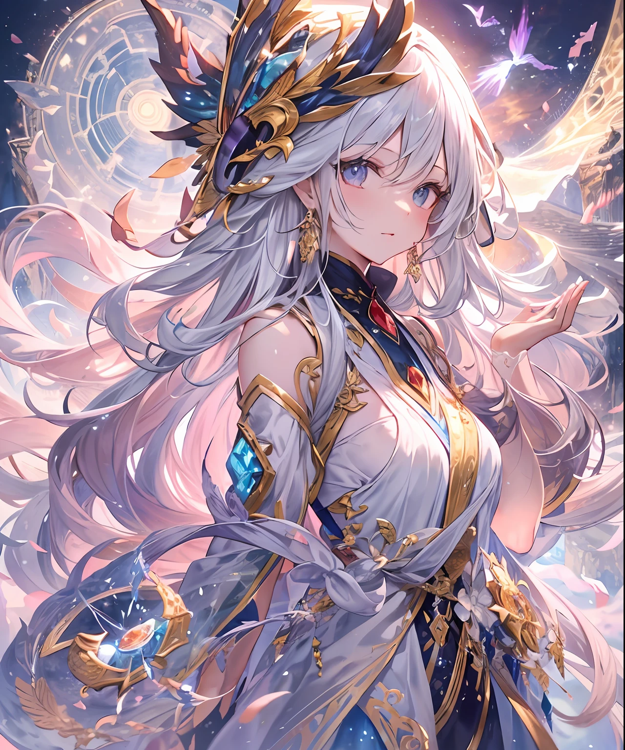 (((​masterpiece)))、(((top-quality)))、((Ultra-detail))、(illustratio)、((extremely delicate and beautiful))、、Bright smile、floating、Light purple hair、(Detailed light) (1girl in)、、solo、The long-haired、The wind is blowing、A WORLD、（cute eye）、Create a mesmerizing fantasy art image depicting a powerful magician standing on an eroded towering rock. Rocks should be placed on the edge of a high cliff, Provides magicians with breathtaking views of mysterious landscapes. A scene that unfolds against the backdrop of majesty, Snow-capped mountains as far as the eye can see々々. These towering peaks are、Should be shrouded in ethereal mist.., Add an air of mystery to the stage. The mountain should rise dramatically from the lower valley, That peak that delimits the horizon. In the sky, Unleash your imagination with the presence of majestic dragons that rise gracefully. These dragons are、Must be rendered with impressive detail., Their scale is、Soak up the sunshine while dancing in the clouds. These creatures are not terrifying, Rather an integral part of the world, Exudes a sense of power and wisdom. The magician himself stands tall and majestic, Wrapped in a robe fluttering in the wind. Your Staff, Complex runic engravings, Hold firmly with one hand, And the other hand is stretched towards the mountains, As if channeling the magic of the earth itself. Its length is, The beard and loose hair give him an aura of timeless wisdom, May his eyes shine with otherworldly knowledge. As the sun casts warm tones on the landscape, Capture the moment when the world seems to hold its breath in awe of the mysterious convergence of magic., naturey, And amazing creatures. The artistic style of this image is、Details must be rich., Show me the intricate design of the magician's robe, Rock layer texture, Dragon scales glow, And the play of light in the mountains.