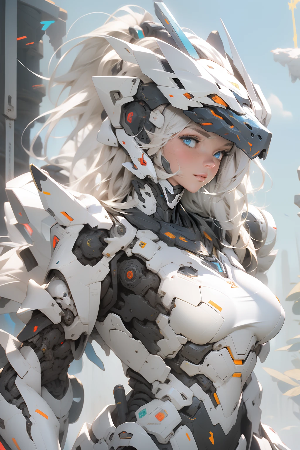 (Masterpiece), (Best quality), 1girll, Mecha, Mechanical armor, White armor, exoskeleton, arma, Big lance, Cinematic