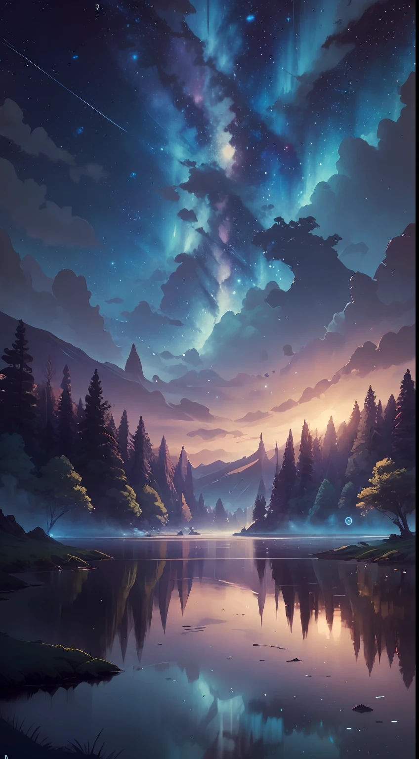 Иллюстрация, мультфильм, успокаивающие тона, Спокойные цвета, Красивый пейзаж, лес, озеро, темная ночь, nabula, звездное небо, падающие звезды, 8К, Лучшее качество, by Ilya Kuvshinov, Макото Синкай
