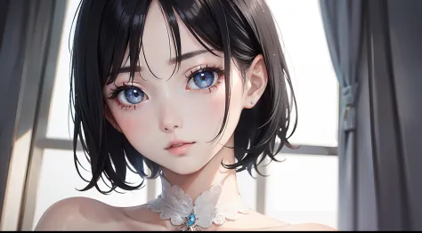 tmasterpiece，best qualtiy，1 girlirl，Short flowing black hair，Short white dress，The skin is white and delicate，Delicate and beautiful face，Elaborate Eyes，Skysky