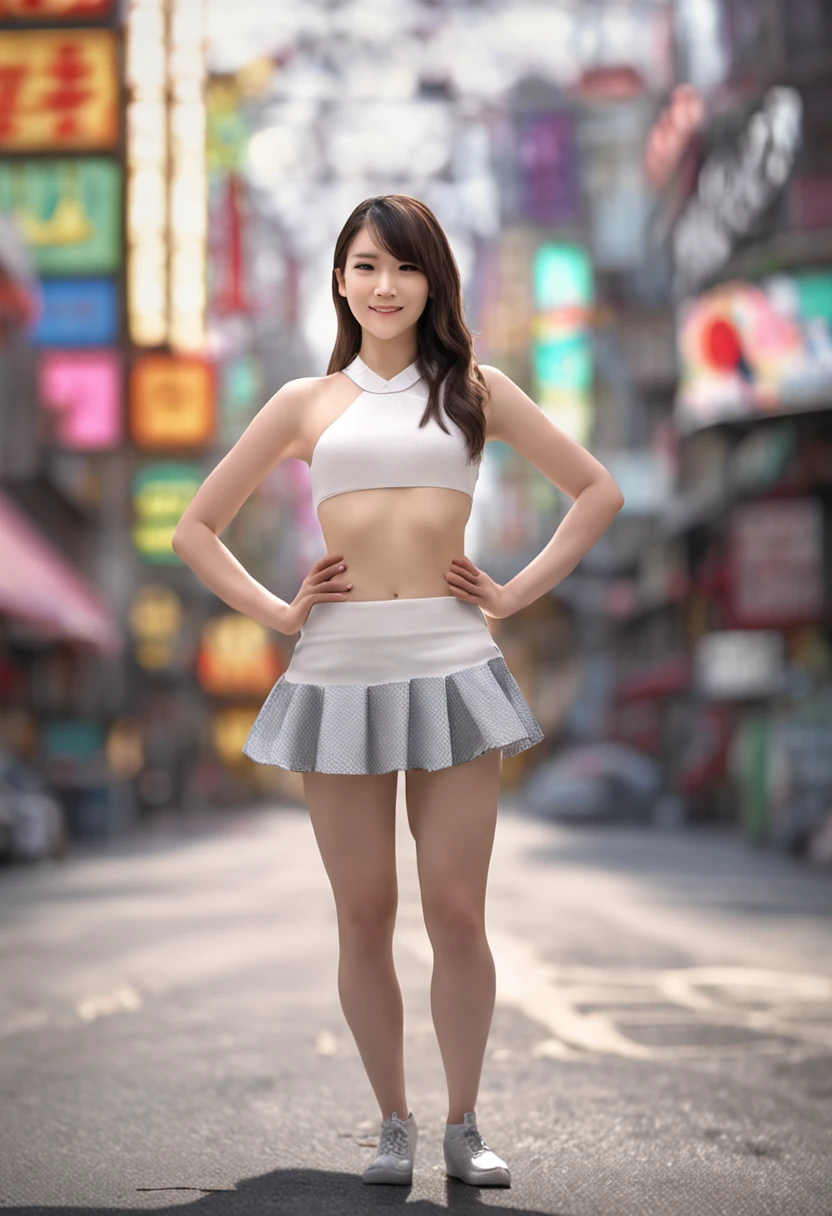 A woman in a skirt posing for a picture in a city - SeaArt AI