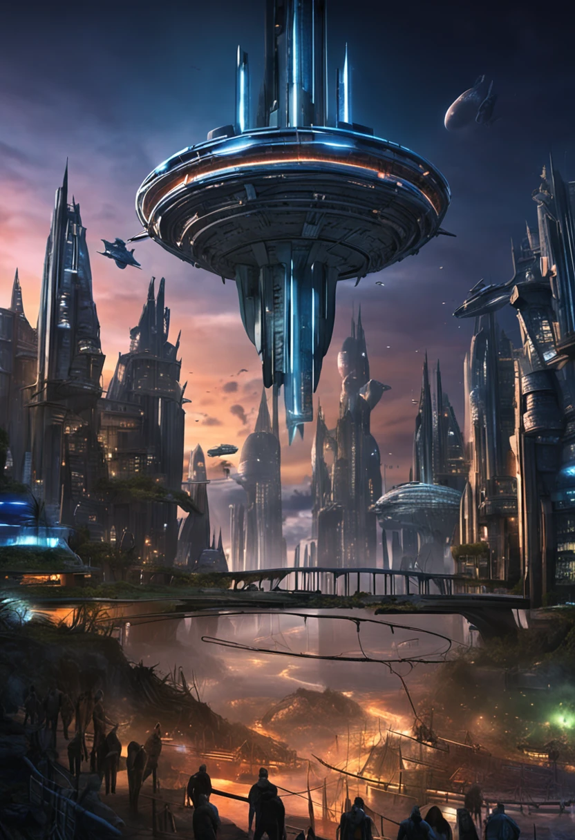 Stargate Atlantis City Noche ultrarrealista con iluminación y barco (jamper volando por encima)