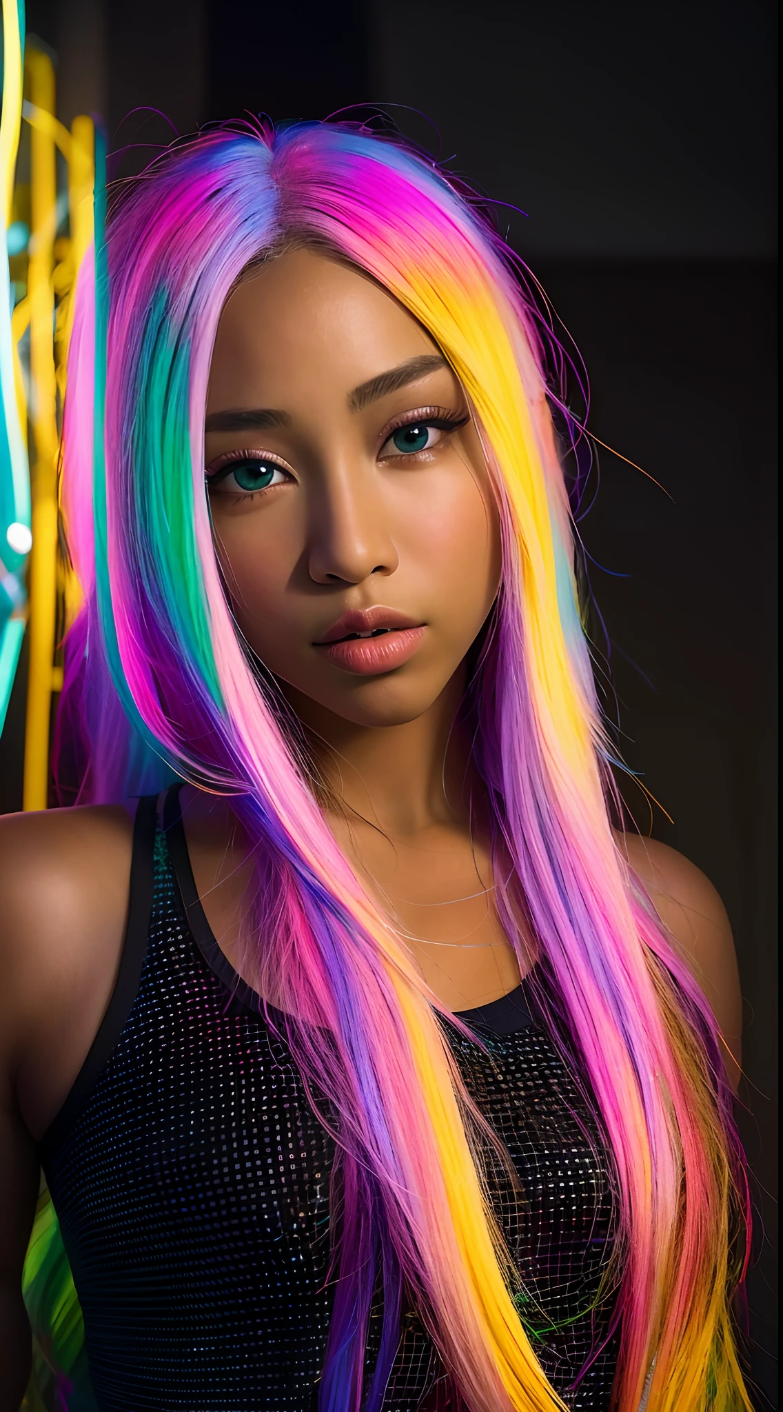 A close up of a woman with long colorful hair and a neon sign - SeaArt AI