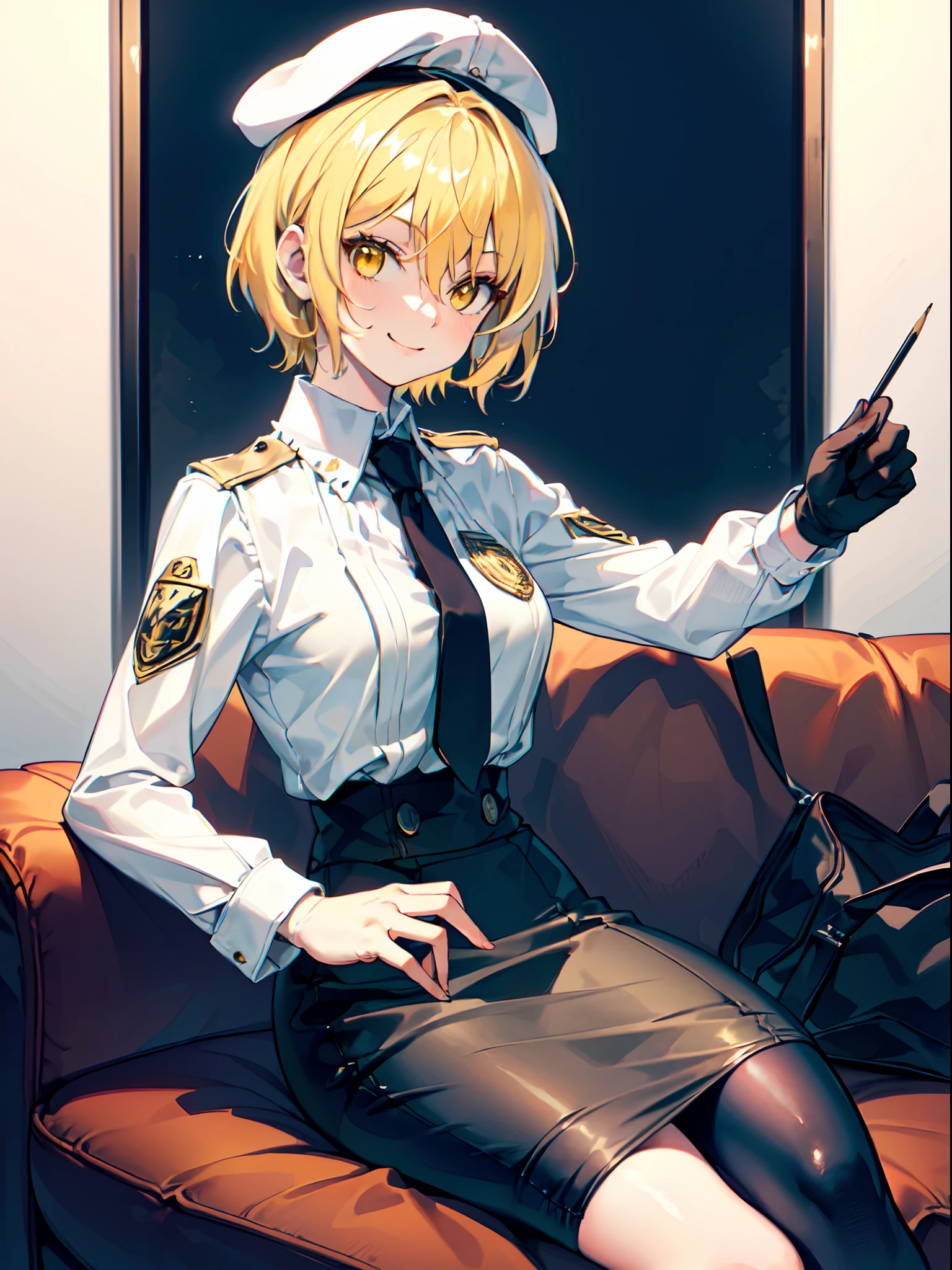 best quality, detailed drawn hands, realistic fingers), (masterpiece, sidelighting, finely detailed yellow eyes: 1.2), ((Best quality)), ((masterpiece)), (highly detailed:1.3), anime, 1girl, solo, sitting on sofa, cafe background, fancy jacket, (white shirt with long sleeves and frills), black leather gloves, interwiened fingers, cheerful, smug face, wearing baret, (golden blond hair, short hair, messy hair, silky shiny hair), pencil skirt, thigh-up portrait,