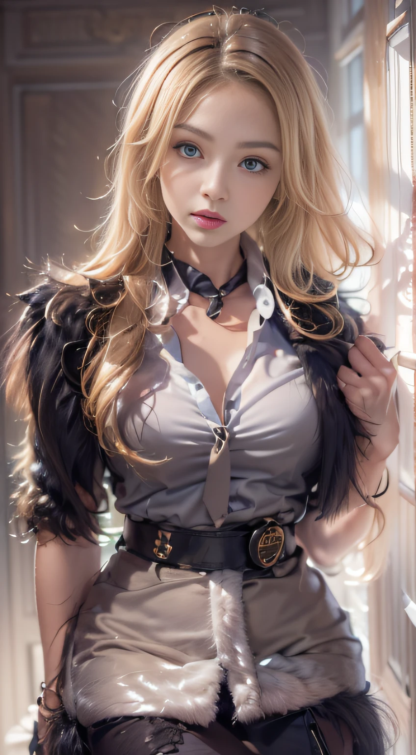 Photorealistic, high resolution, 1 Women, Solo, Waist up, Beautiful eyes, Close lips, Detailed face, Glowing blonde hair, Long hair, Collared shirt, black necktie,Black skirt, pencil skirts, Fur coat, Stockings