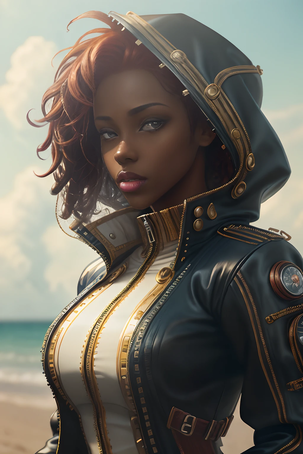 steampunk, sexy dark skin woman(African-American:1.3), (polyvinyl Jacket With Rivets:1.3), (floating red hair:1.4, black hair streaks:1.4), (open zipper:1.5), (sexy:1.5), (erotic:1.5), best quality, sunlight, detailed face, gorgeous eyes, realistic skin details, high quality, seen from below, translucent, (voluptuous:1), sensual, lascivious, dominant, romantic, high quality, film grain, Cinematic Light, sidelighting, sharp focus, blue sky