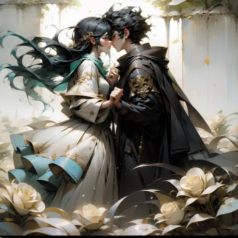 Romantic couple kissing，Fresh painting style，sweet，Beautiful，tmasterpiece