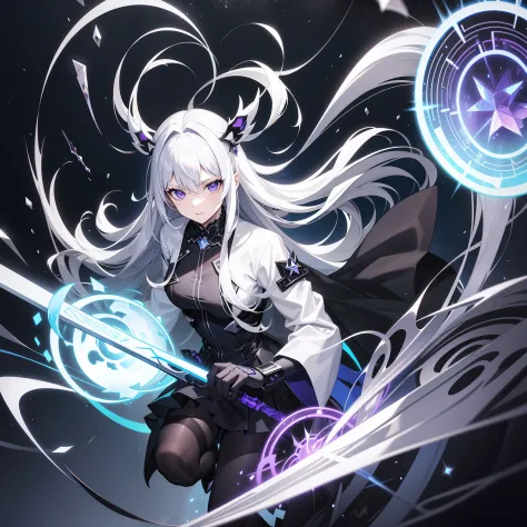 silver-white long hair，Crystal purple eyes。A black striped machine futuristic goth loli suit，Black cape，black pantyhoses，Black shoes，A silver-white scythe in his hand，Air bangs，Fantastic colors of the picture，The eyes shone purple，Behind it is the atmosphe...