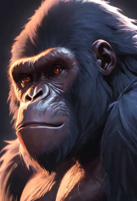 Great ape，head portrait，Close-up，of a real，Facial features are carefully depicted，Realistic skin texture，Dark style，depth of fields，high light，Real light，Ray traching，oc rendered，Hyper-realistic，best qualtiy，8K，Works of masters，super-fine，Detailed pubic ha...