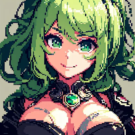 hcnone, Pixel art, Masterpiece, pix, 1girll, Portrait, Beige lace, Light green hair, Green eyes, Bigboobs, Big chest, Face only, view the viewer, Profile picture, Smile,, Tsundere, ahoge, Anime style, Cute, Simple background, greybackground