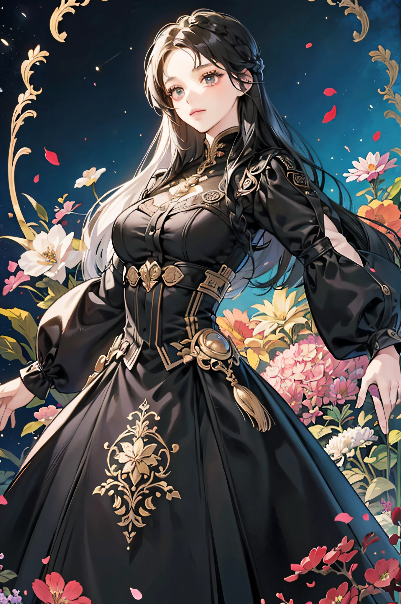 (Masterpiece, Best, Excellent, Official Art, Beautiful Aesthetics: 1.2), (1girl, Mature: 1.3, Adult: 1.3), Long Hair, Black Hair, Braided Side Hair, Very Meticulous, (Fractal Art: 1.1), (Color: 1.4) (Flowers: 1.3), Most Detailed, (Zentangle: 1.2), (Dynamic Pose), (Abstract Background: 1.3), (Shiny Skin), (Multiple Colors: 1.4), Black Eyes, Dark theme, Dark Clothing