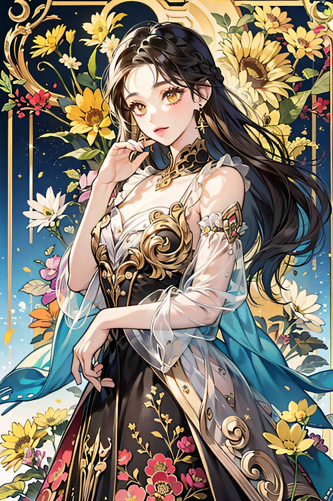 (Masterpiece, Best, Excellent, Official Art, Beautiful Aesthetics: 1.2), (1girl, Mature: 1.3, Adult: 1.3), Long Hair, Brown Hair, Braided Side Hair, Very Meticulous,, (Fractal Art: 1.1), (Color: 1.4) (Flowers: 1.3), Most Detailed, (Zentangle: 1.2), (Dynamic Pose), (Abstract Background: 1.3), (Shiny Skin), (Multiple Colors: 1.4), (Earrings:1.4) , (feathers: 1.4), Golden Eyes, Yellow Chrysanthemum, Golden Eyes
