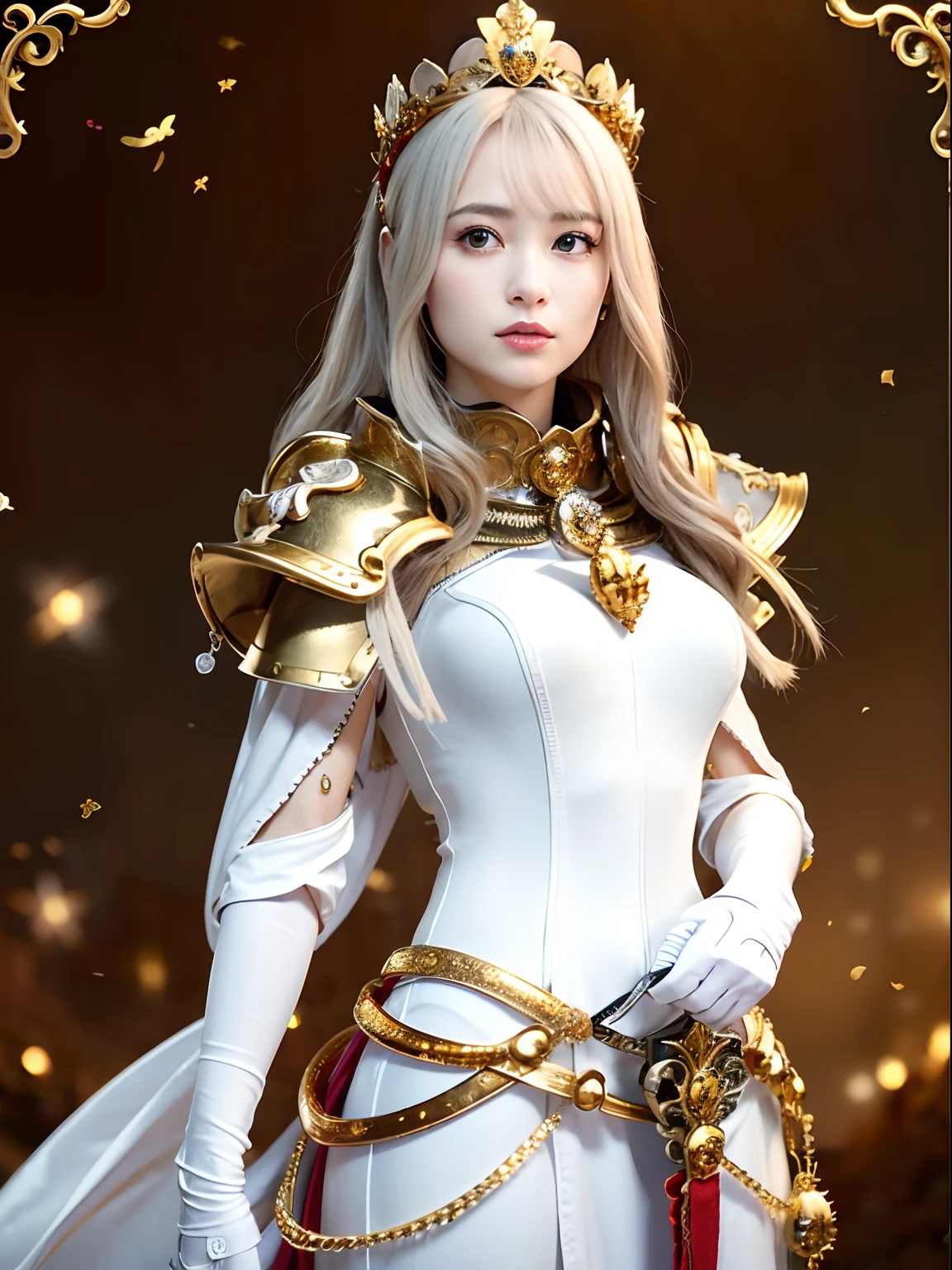 A close up of a woman in a white dress with a gold crown - SeaArt AI