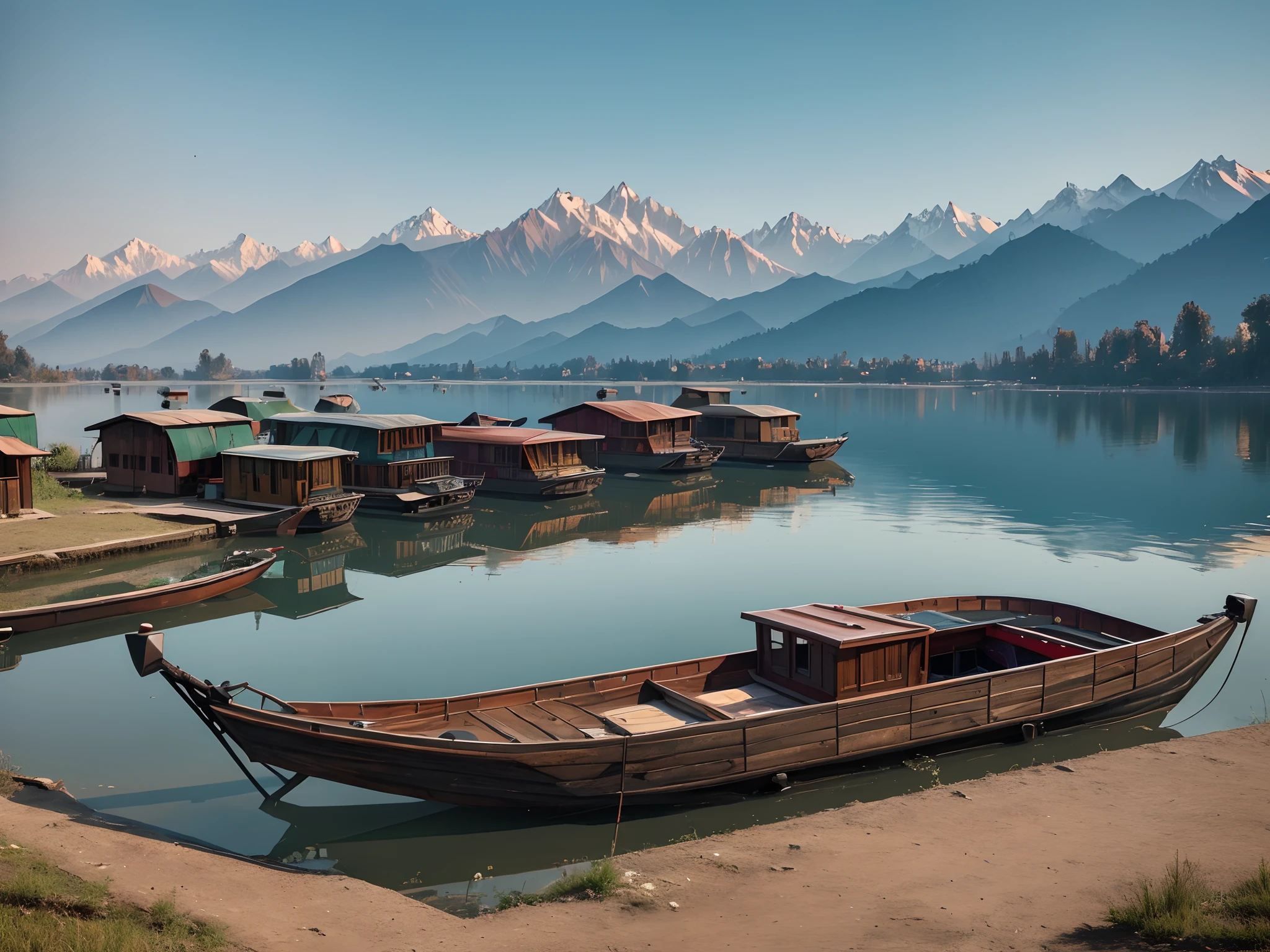 A high quality, photorealistic, cinematic, scene of retro Kashmir, Dal lake, HouseBoats wood,redesign , 8k hd quality texture, wide angle, 19s picture, unreal engine trending, dslr shot, 8k, award winning