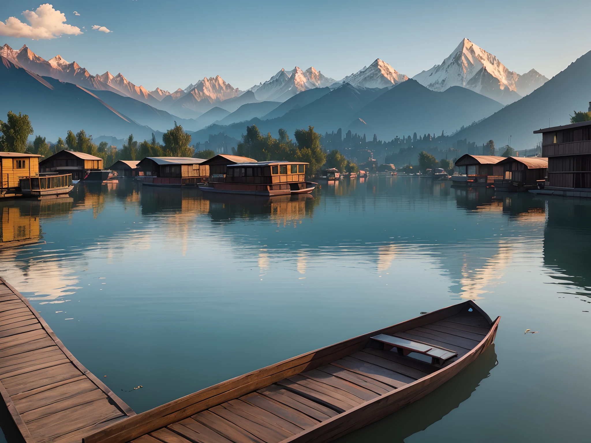 A high quality, photorealistic, cinematic, scene of retro Kashmir, Dal lake, HouseBoats wood,redesign , 8k hd quality texture, wide angle, 19s picture, unreal engine trending, dslr shot, 8k, award winning