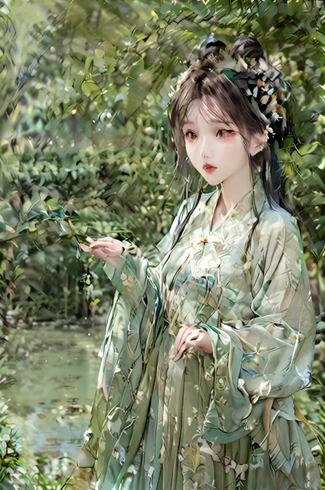 An ancient Chinese beauty standing by the river，中景 the scene is，Wearing ancient Chinese clothing，Flowing tulle silk，（Detailed an...