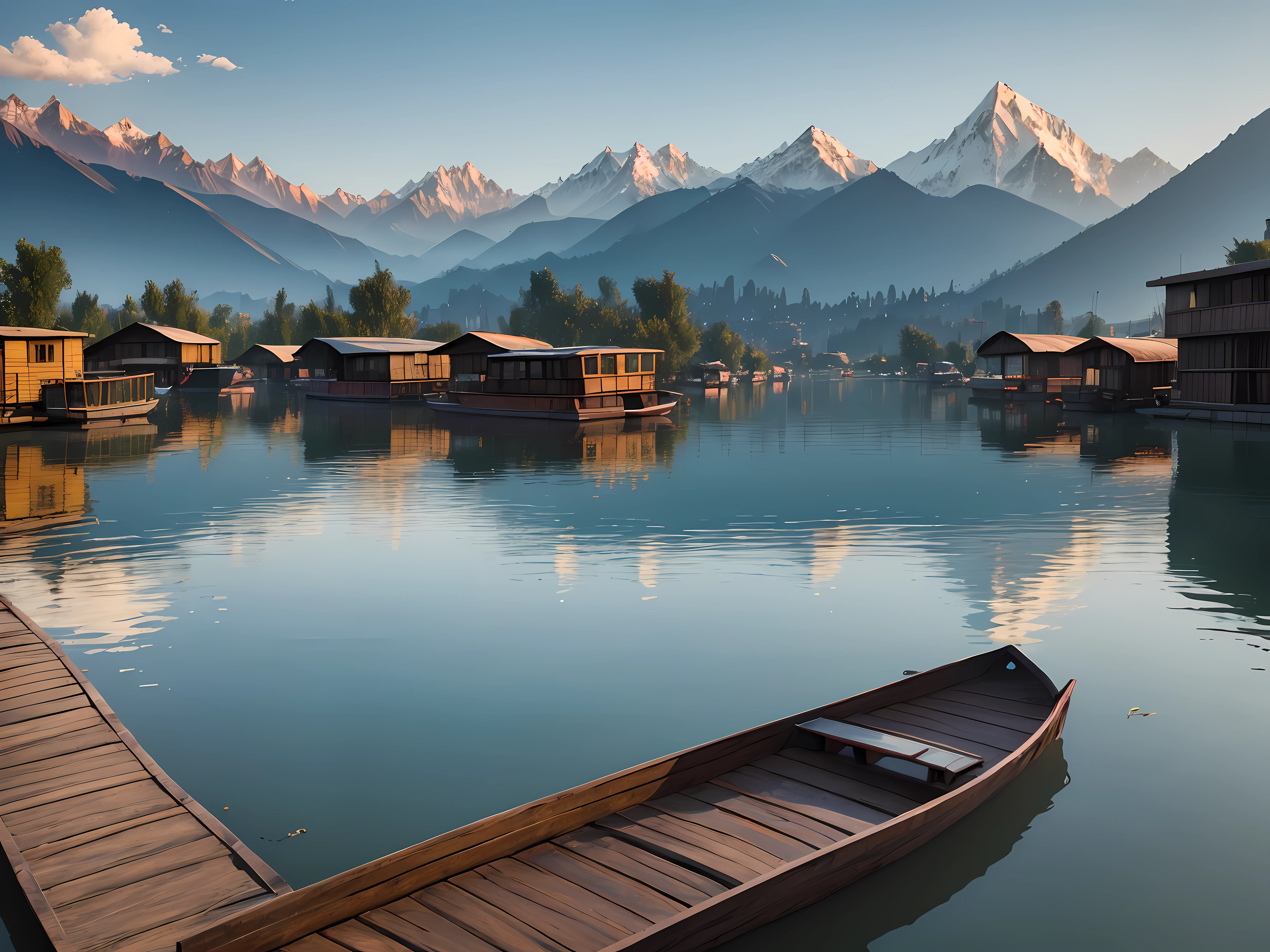 A high quality, photorealistic, cinematic, scene of retro Kashmir, Dal lake, HouseBoats wood,redesign , 8k hd quality texture, wide angle, 19s picture, unreal engine trending, dslr shot, 8k, award winning